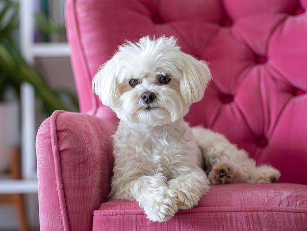 A small white dog sitting on a pink chair