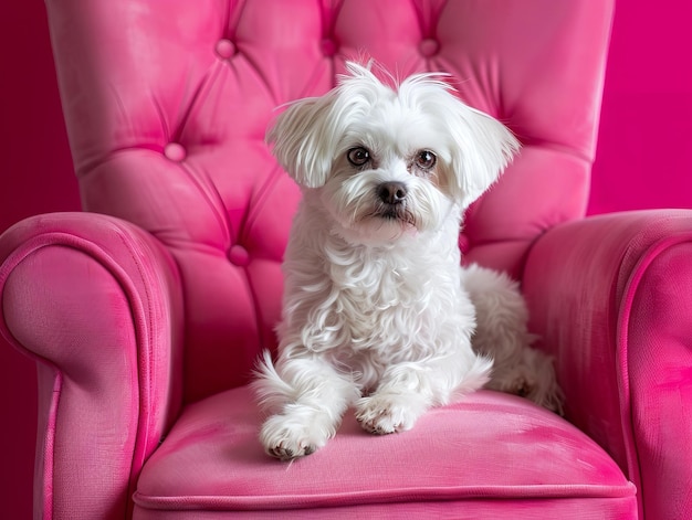 A small white dog sitting in a pink chair