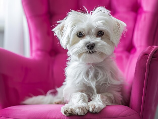 A small white dog sitting on a pink chair