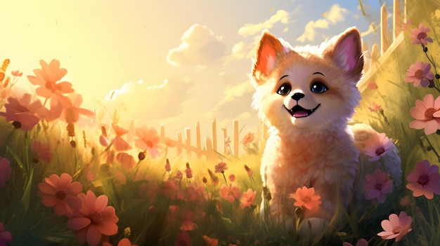 A small white dog standing in a field of flowers