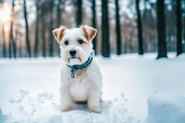 A small white dog stands in the snow in front of trees.