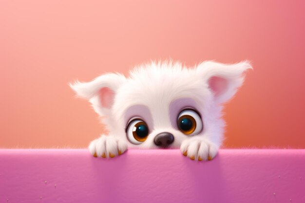 Photo small white dog with big eyes peeking over the edge of pink surface generative ai