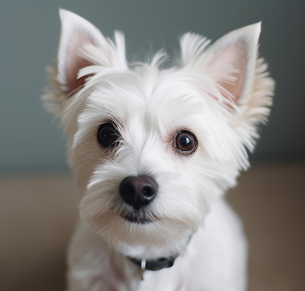 A small white dog with a black collar and a black collar sits on a carpet.