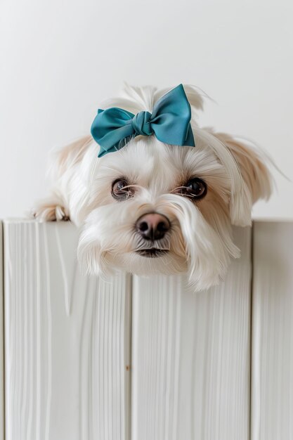 A small white dog with a blue bow on its head