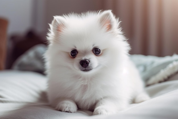 A small white dog with a blue eye sits on a bed.