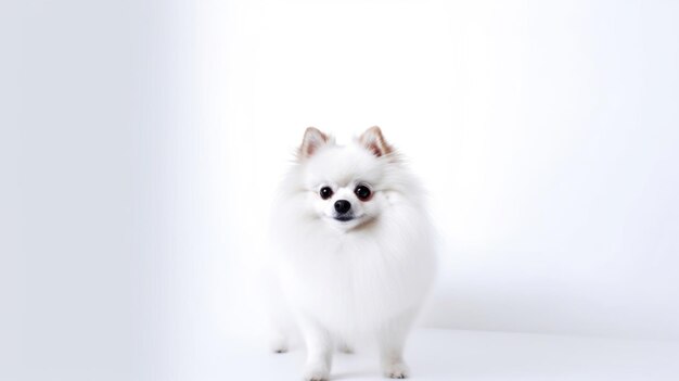 Photo a small white dog with blue eyes is standing on a white background.