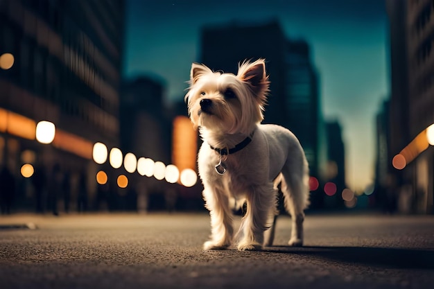 首輪をつけた小さな白い犬が路上に立っています。