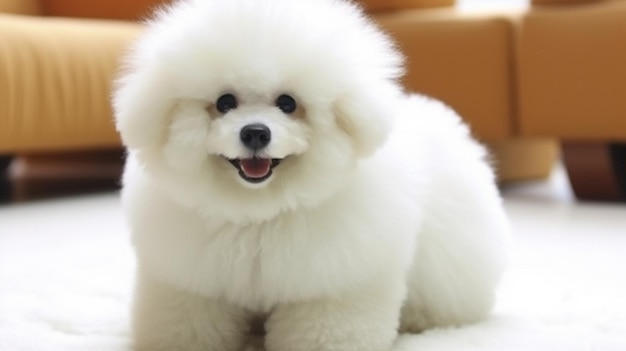 A small white dog with a fluffy face stands on a carpet