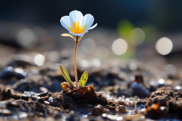 a small white flower is growing out of the ground