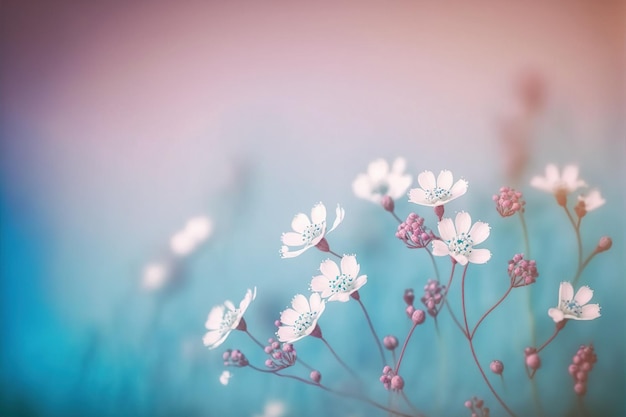 春の背景に優しい青とピンク色の小さな白い花