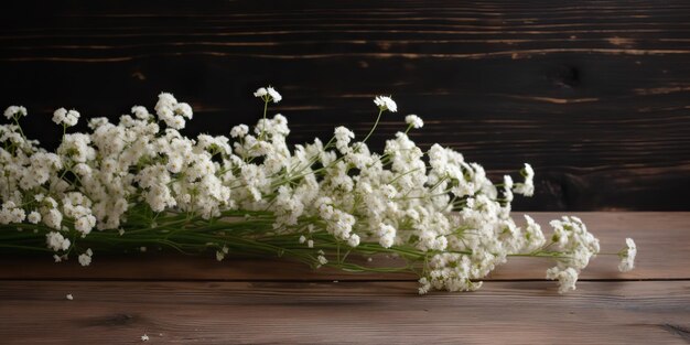 Photo small white flowers gypsophila on wood table scene decorative romantic elegance mock up background