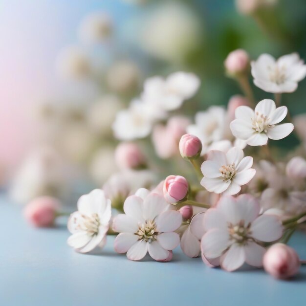 Small white flowers on a toned on gentle soft blue and pink background outdoors