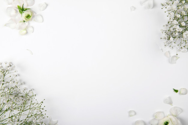 Small white flowers on a white background, mockup design element for Valentines Day and Mother Day