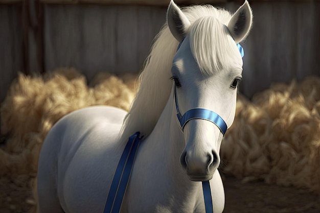 Small white funny pony with blue ribbon on its neck in sun created with generative ai