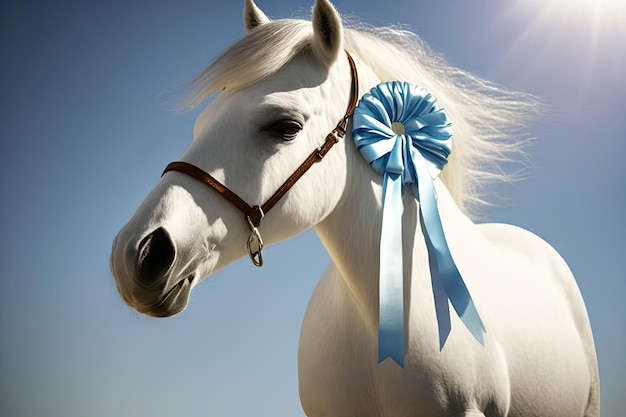Small white funny pony with blue ribbon on its neck in sun