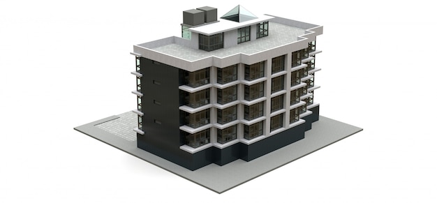 Small white and gray condominium with elevator and garage