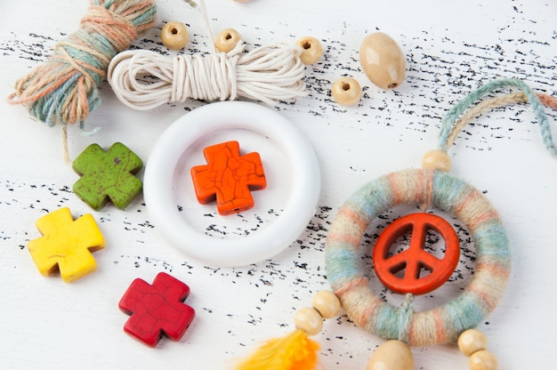 Small white hoop, thread and stone bright crosses