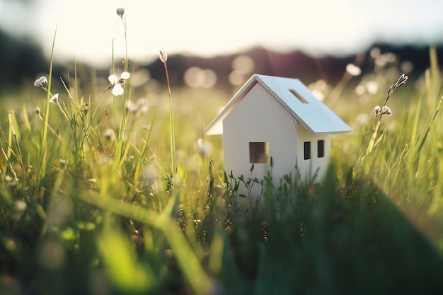 A small white house sits in a field of grass.