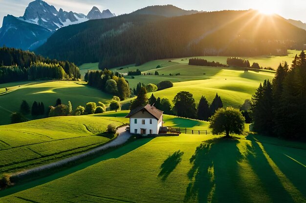 A small white house sits on a green hill surrounded by mountains