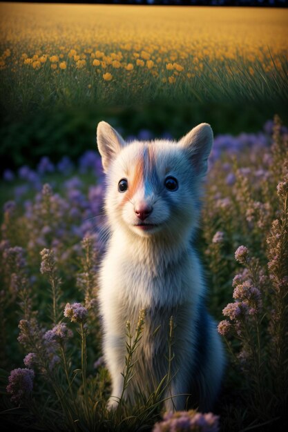 A Small White Kitten Sitting In A Field Of Flowers