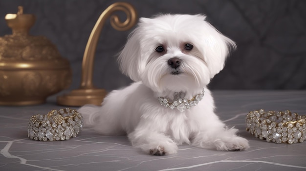 A small white maltese dog sits on a marble floor with a gold decoration.