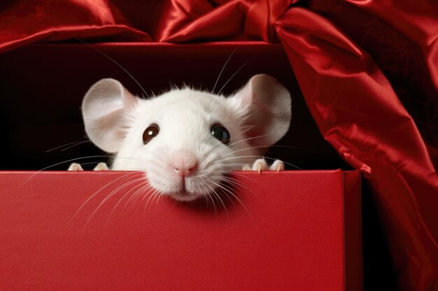 Photo a small white mouse peeping out of a bright red gift box