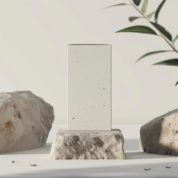 Small white object on a table next to some rocks