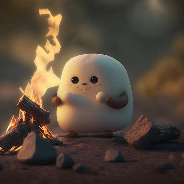 Photo a small white penguin sitting in front of a fire with a stick in his hand