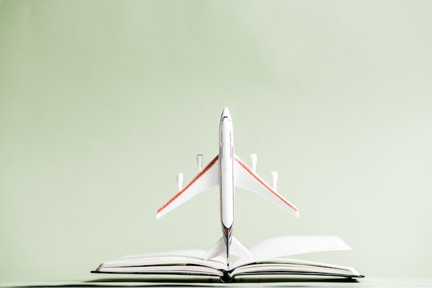 A small white plane rides from a notebook on a green\
background
