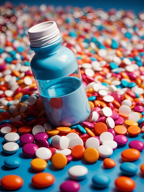 A small white plastic bottle lies on a bright blue table the lid is off and a cascade of colorful