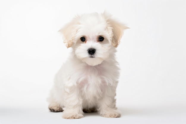 A small white puppy sits on a white background.