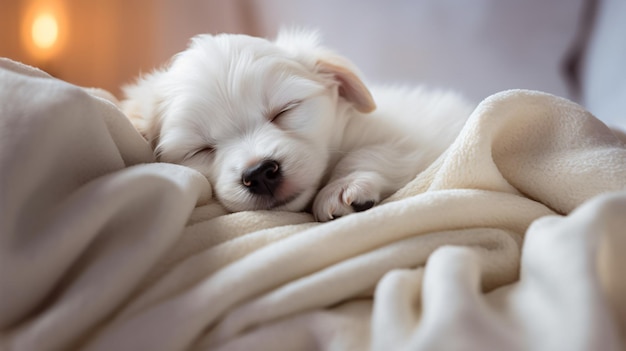 Photo small white puppy sleeping on bed covered with a blanket