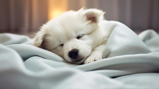 Small white puppy sleeping on bed covered with a blanket