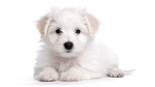 A small white puppy with a black nose and a black nose is laying on a white background.