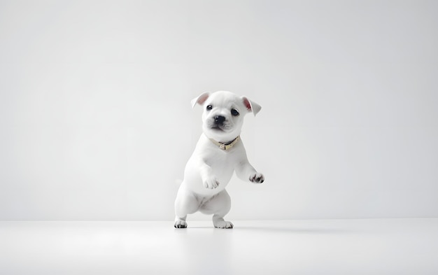 A small white puppy with a collar that says'i love dogs '