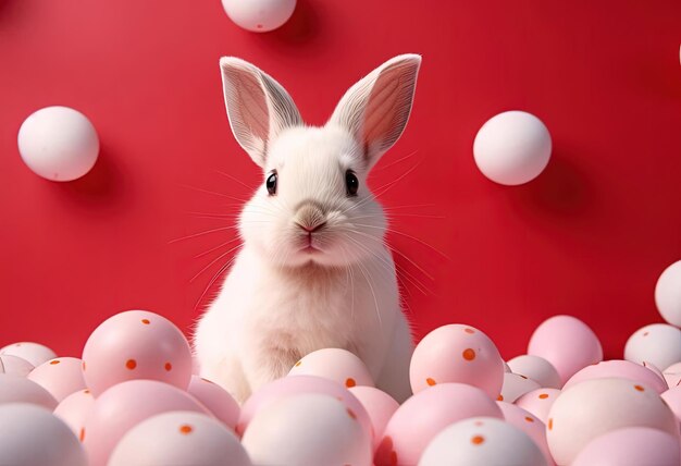 a small white rabbit a few easter eggs on a pink background