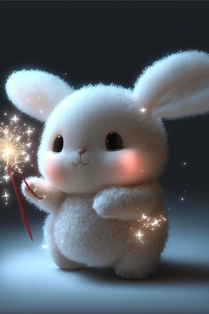 Small white rabbit holding a sparkler generative ai