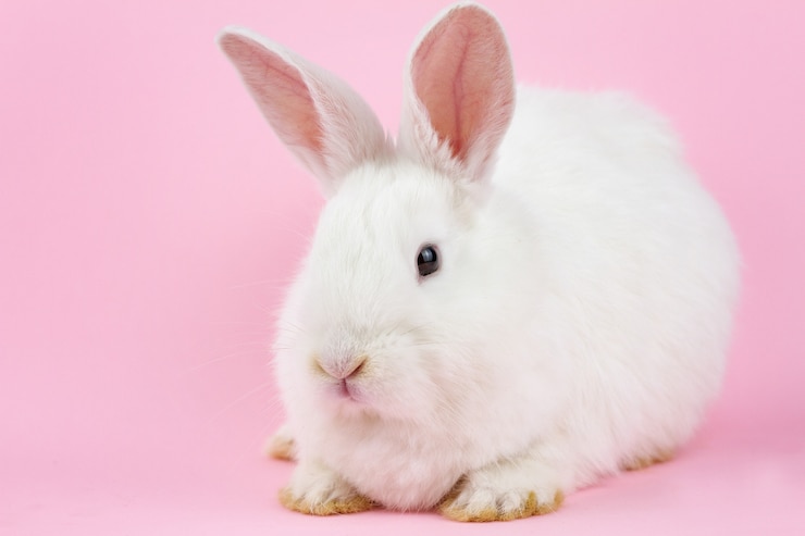Photo パステルピンクの壁に小さな白いウサギ。生うさぎがカメラをクローズアップで見る
