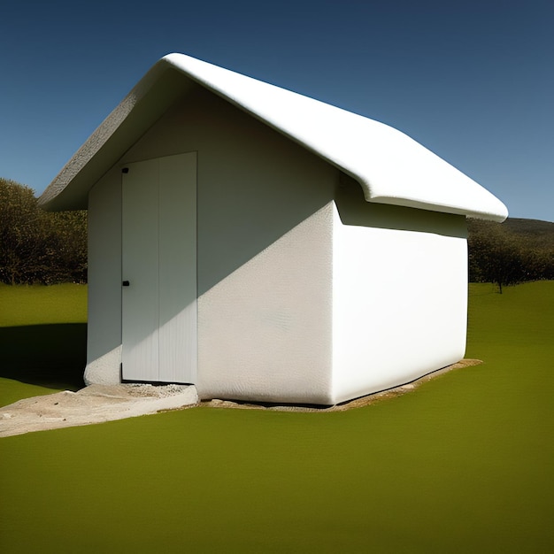 A small white shed with a white roof and a white roof.