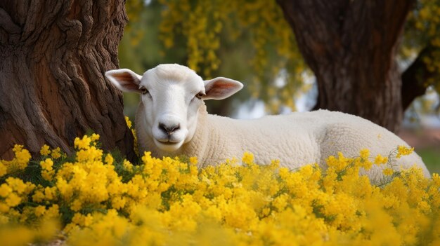 小さな白い羊が木の下で休んでいて人工知能によって囲まれています