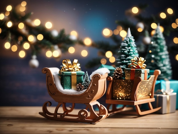 Small white sleigh decorative Christmas trees and gift boxes on wooden table against blurred lights