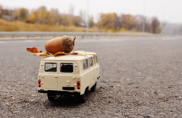 小さな白いおもちゃの車は屋根の上にドングリを運ぶ