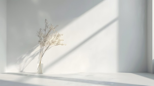 a small white vase with a branch of a tree in it