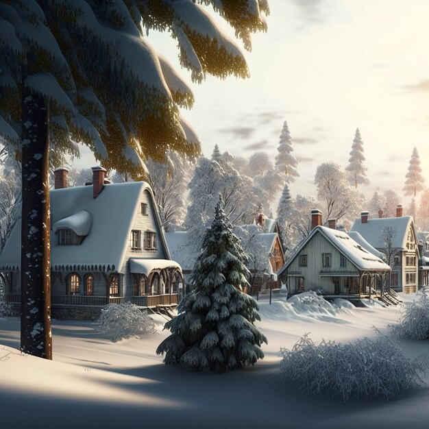 Small winter village on Christmas eve