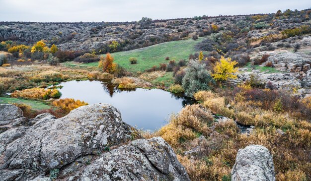 A small and wonderful river runs fast in the middle of green meadows and gray rocks on the beautiful nature of the Carpathian hills