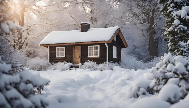 Photo a small wooden cabin with a snow covered roof and a small cabin in the background