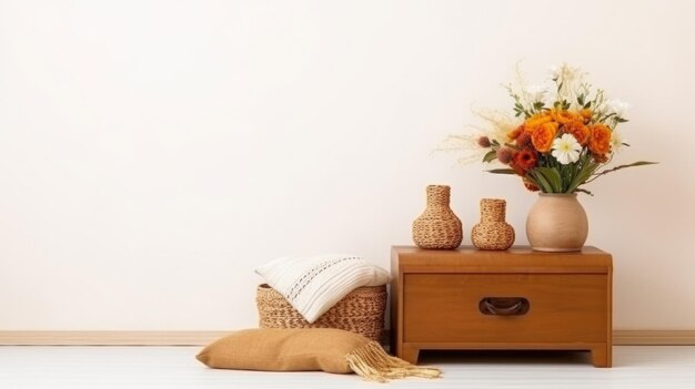 Небольшой деревянный сундук с аксессуарами и корзиной на полу с цветами на белом фоне стены