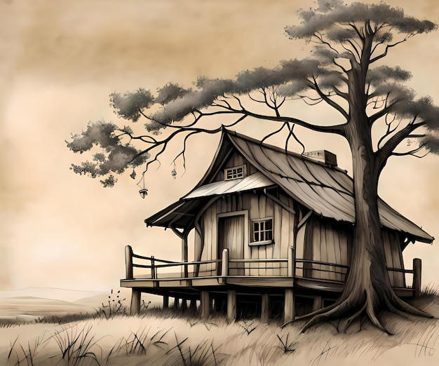 Small wooden house by old tree