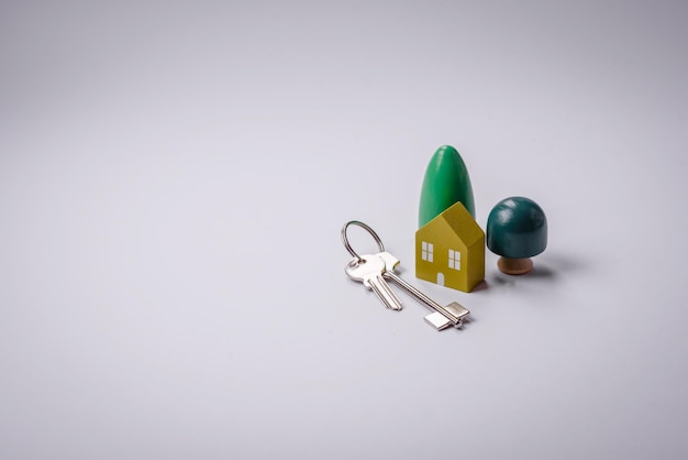 Photo a small wooden house and keys as an idea for investing in your own home