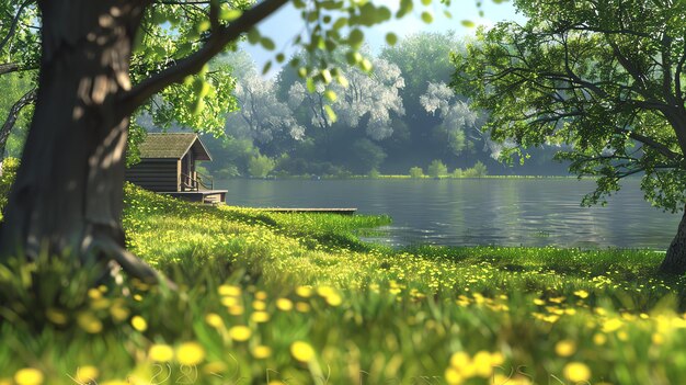 사진 호수에 있는 작은 목조 집 이 집 은 초록색 나무 와 노란색 꽃 이 있는 아름다운 풍경 으로 둘러싸여 있다